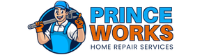 PrinceWorks Home Repair Services logo featuring a smiling handyman holding tools, with bold blue and orange PrinceWorks text.